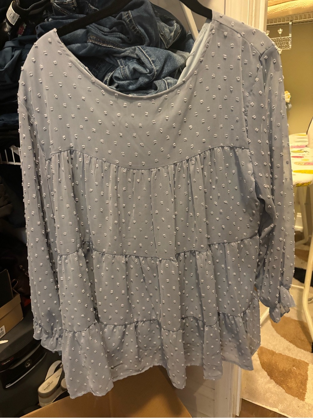 Women's Light Blue Swiss Dot Tiered Long-Sleeve Blouse